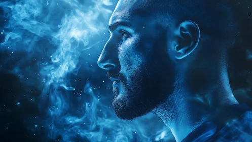 Stargazing mind in electric blue nebula smoke portrait.