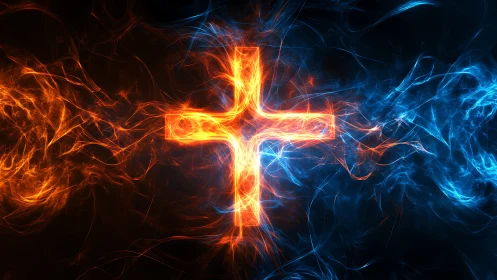 Firelit cross crackles where ember storm meets cold void