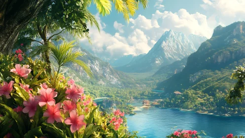 Tropical mountain bay with flowers, river, and bright sky.
