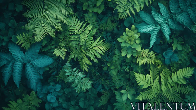 Overhead view of dense green foliage and fern leaves.