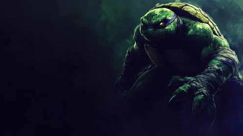 Mutant turtle warrior in dark, moody digital artwork.