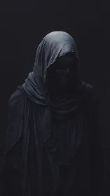 Hooded figure in dark draped cloth stands in deep shadow