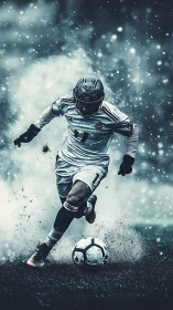 Storm-sprinting striker carving light through icy snowfall.