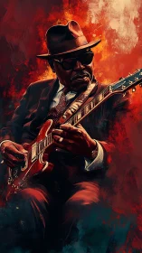 Elderly guitarist in suit and hat plays electric guitar