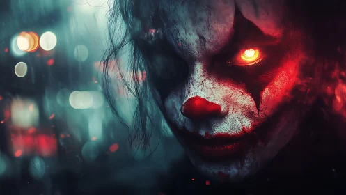 Clown face occupies frame under high-contrast red teal lighting