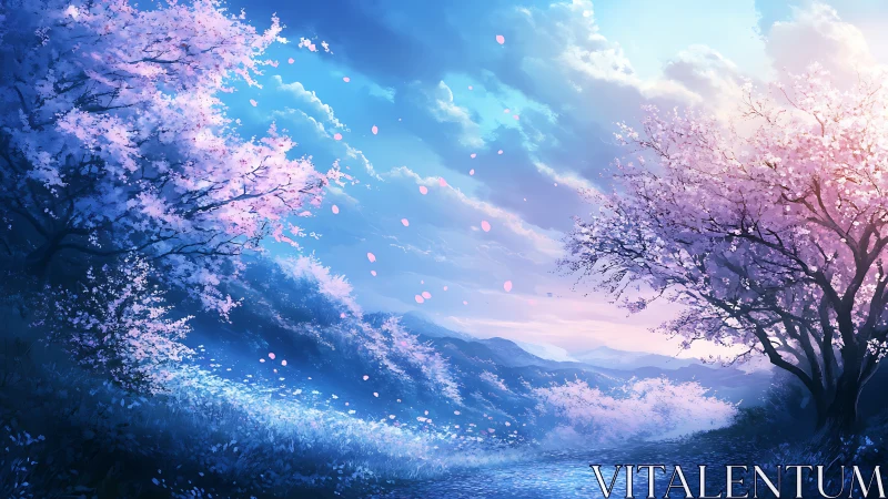 Soft cherry blossoms drift across a tranquil blue valley