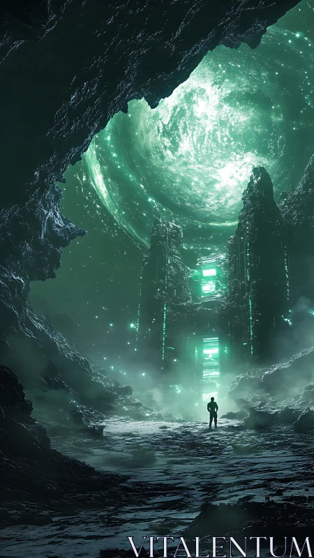 Emerald portal below colossal cosmic vortex in cavern.