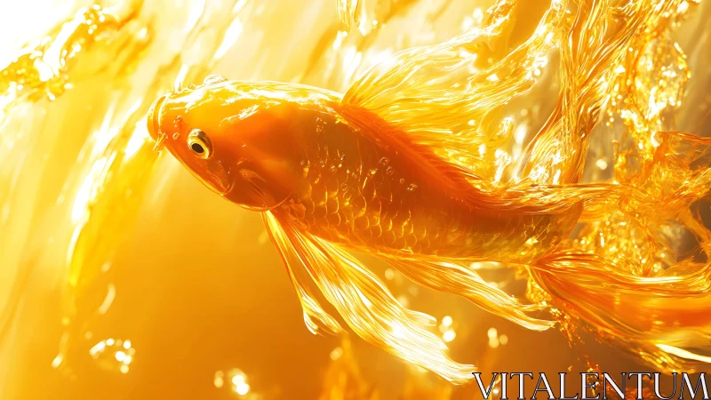 Vibrant goldfish swimming in radiant golden water, hyper-realistic art.