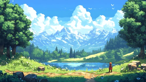 Young traveler studies bright alpine lake beneath towering peaks