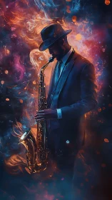 Jazz saxophonist stands in vibrant cosmic neon haze