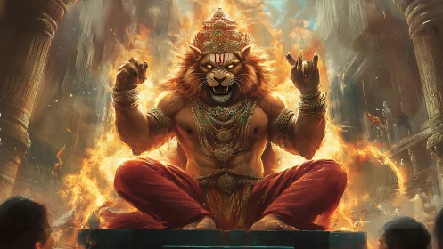 Lion-headed deity sits amid flames in ornate temple environment