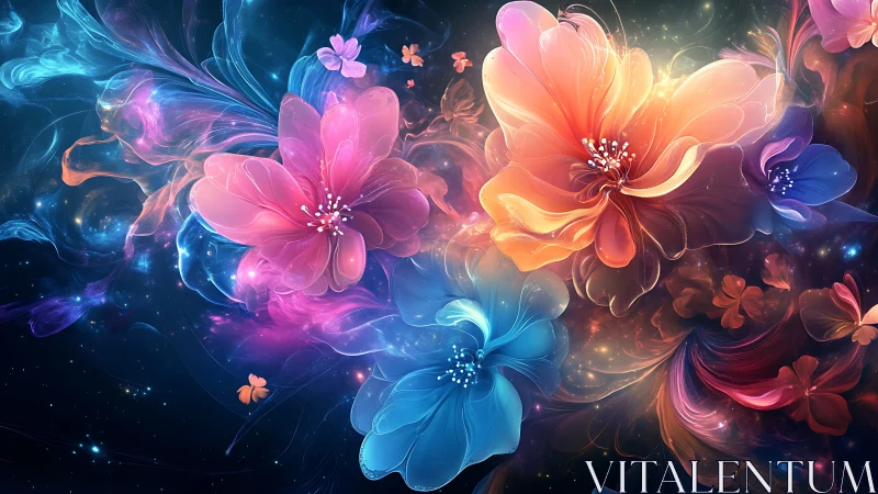 Bioluminescent flowers with glowing petals in cosmic darkness