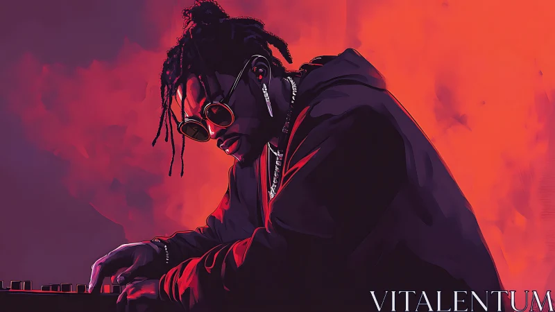 DJ in dark hoodie mixing tracks under vivid red light.