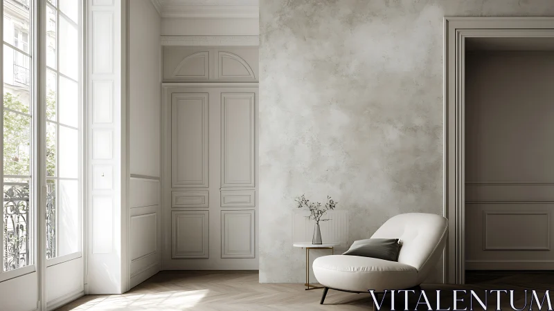 Minimalist Parisian lounge with soft daylight and neutral palette