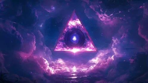 Cosmic neon triangle portal over luminous cloud sea.