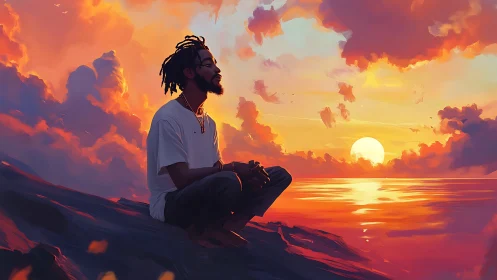 Sunset hush crowns a meditating soul above painted sea