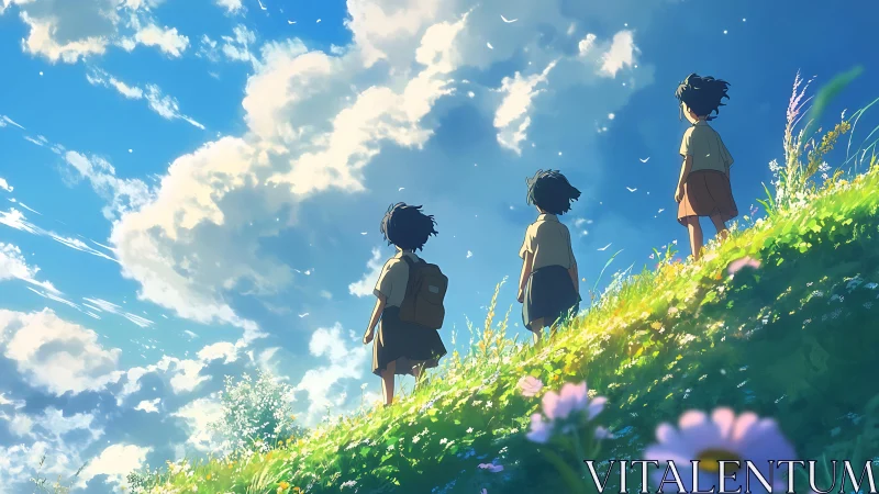 Summer hillside dreamers under a sky of wandering clouds.