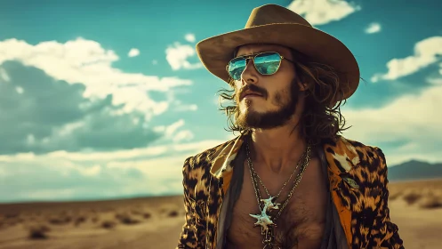 Stylish desert drifter in bold leopard jacket and hat.