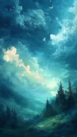 Forest treetops lean into a turquoise storm of painted sky