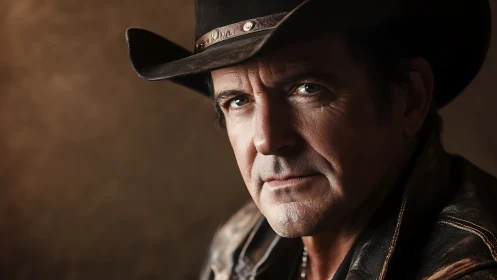 Rugged middle‑aged cowboy portrait in side‑lit close‑up view
