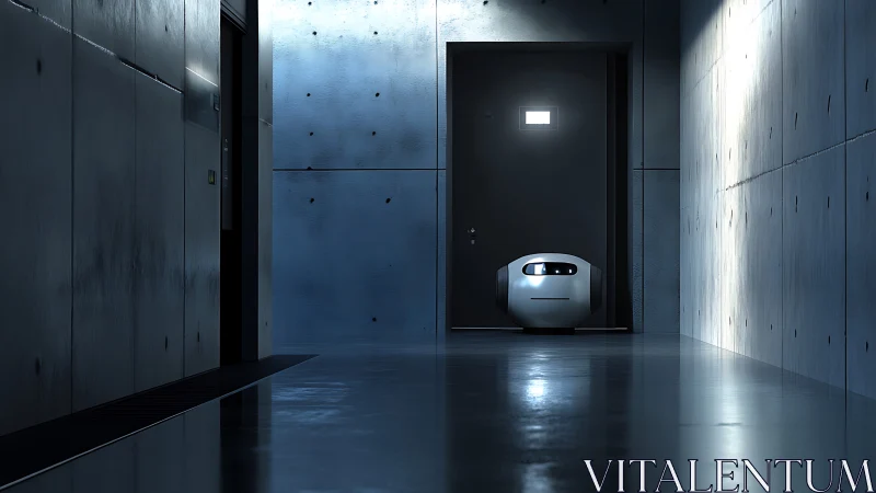 Security robot in dim concrete corridor facing closed door.
