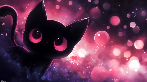 Celestial black cat silhouette with glowing magenta eyes.