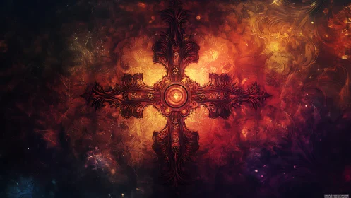 Ornate baroque cross glows within swirling nebular color field