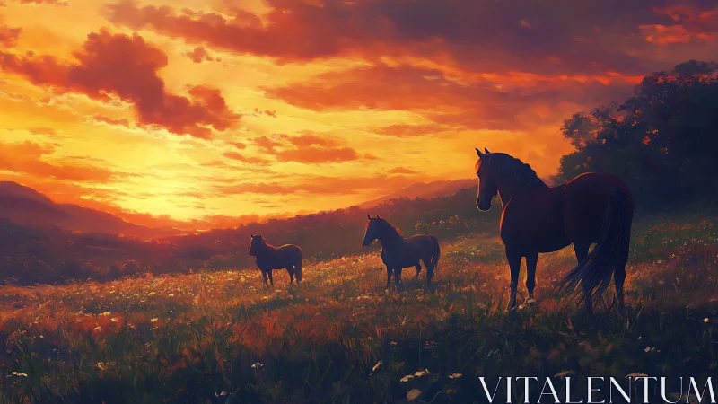 Horses stand in quiet reverie beneath a blazing sunset sky