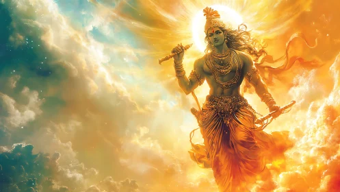 Radiant mythic warrior emerging through volumetric golden clouds