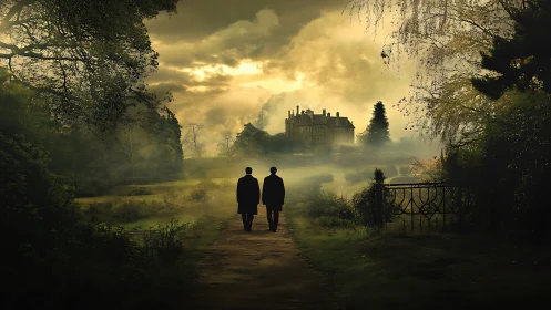 Figures walk a misty path toward a distant manor at dusk.