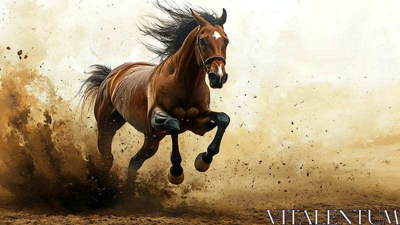 Dustborn thunderbolt stallion charging through desert air.