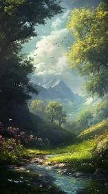 Sunlit mountain valley stream with blooming wildflowers