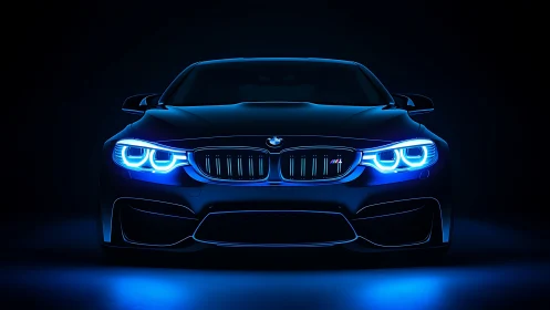 Sleek performance car glows with electric blue LED headlights