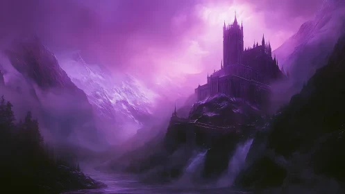 Mountain fortress above river in violet atmospheric haze.