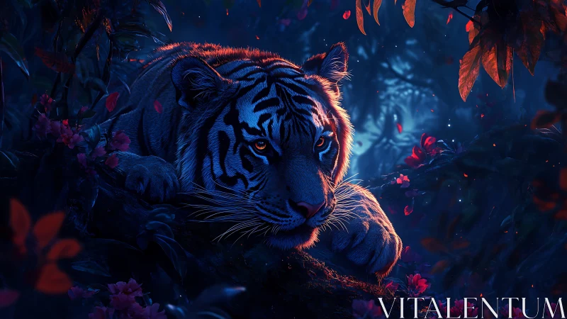 Midnight jungle hush cradles a bioluminescent-eyed tiger