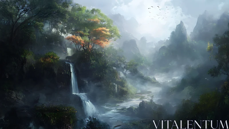 Misty Mountain Valley with Waterfall and Ancient Trees.