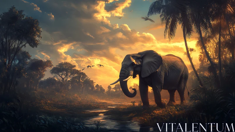 Solitary African elephant in misty tropical wetland sunset