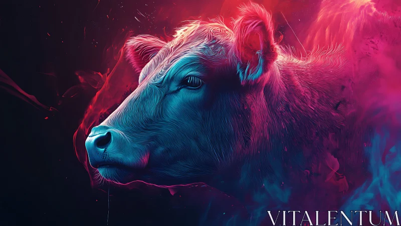 Neon bovine portrait in dual-tone abstract digital field.