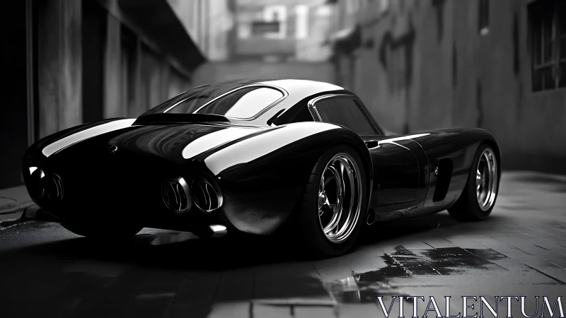 Midnight black sports car gleams quietly in a narrow alley