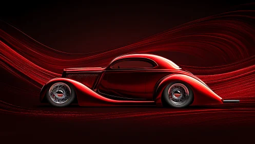 Red streamlined classic coupe with abstract light trails.