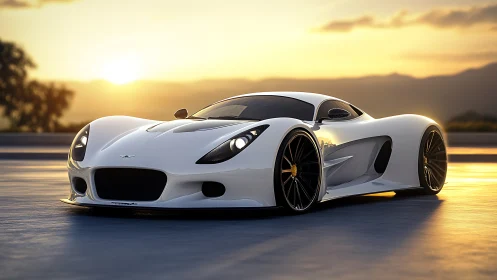 White hypercar cuts low silhouette under warm sunset sky