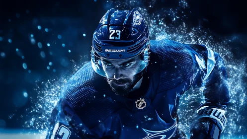Intense ice hockey hero charging forward in a storm of blue.