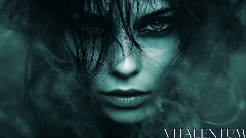 Monochrome teal female portrait with smoke and intense gaze.