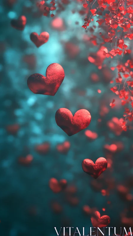 Floating Red Hearts on Turquoise Background.