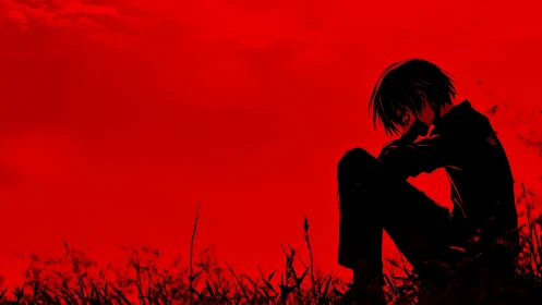 Silhouetted anime boy sits in field under intense red sky.