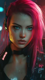 Cyberpunk operative portrait with neon pink hair focus.