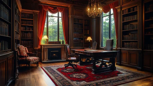 Velvet-curtained scholar&rsquo;s library wrapped in amber hush.