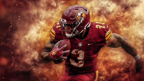 Storm of the gridiron runner bursting through swirling fire.