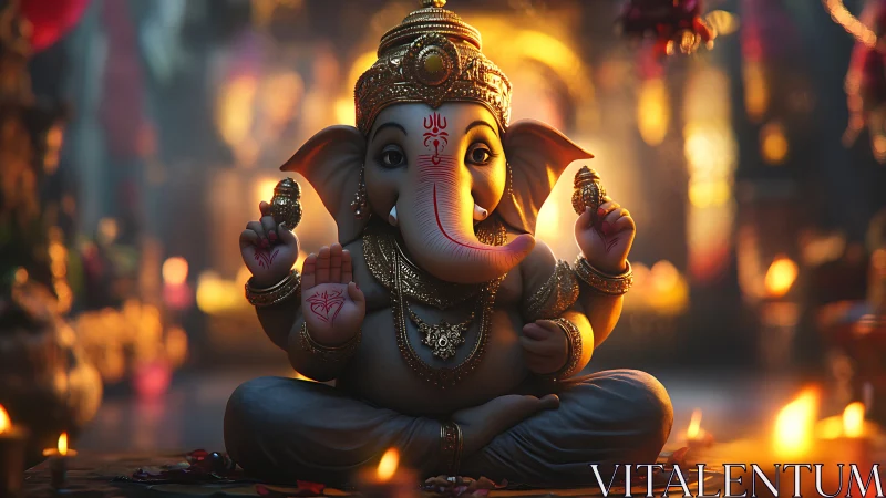 Ganesha idol in ornate gold adornment rendered in photorealistic light