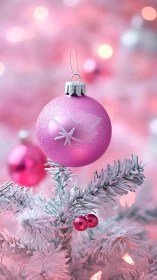 Pink Christmas bauble on frosted white tree branch.